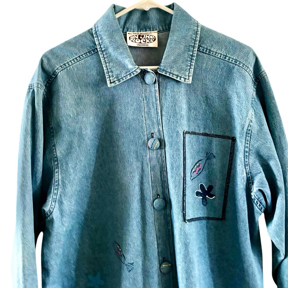 Vintage On the Rocks Oversized Denim Button Down Painted Fish Tunic Shirt Size L